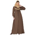 Zipper Front open pleated abaya with lace work- Beige